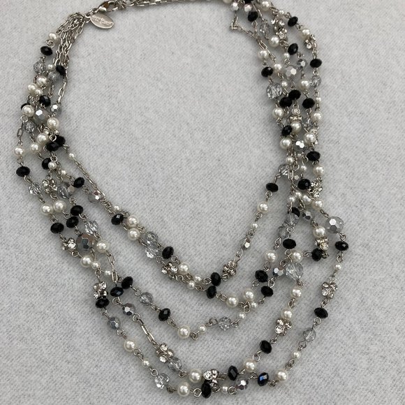 Vintage WHBM Black/Pearl/Crystal Multi-strand Necklace - Picture 1 of 8